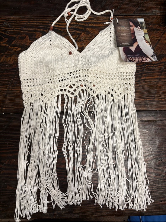 Wearnative Tops - Crochet Fringe Halter Camisole Top - White